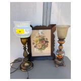 Floral Print Framed Art and Two Table Lamps
