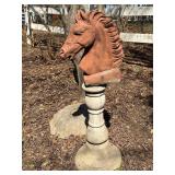 Concrete Bird Bath and Terracotta Horse Head Statue