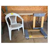 Folding Table, Plastic Chair, and Two Carpeted Dollies