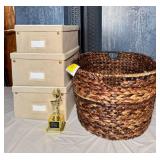Storage Boxes and Woven Basket with "Most Extra" Trophy