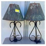 Pair of Wrought Iron Table Lamps with Metal Shades