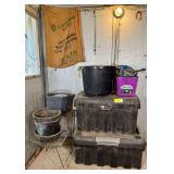 Assorted Buckets, Feed Containers, and Metal Plant Stands