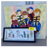 Framed Art Assortment: Canine Figures & People on Bicycles