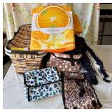Insulated Picnic Basket, Assorted Totes, Novelty Beach Towel, and Decorative Pillows