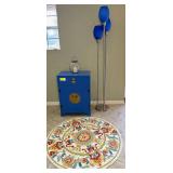 Blue Painted Cabinet, 47" Round Rug, Retro Floor Lamp and Glass Candle Container