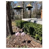 Pair of Metal Flamingo Garden Decorations and  Hanging Bird Feeders