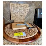 Kitchenware Assortment: Arkansas Map Cutting Board, Cheese Cutter, and Round Board