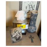Religious Decor Assortment Including Framed Prints, Vase, Cross, and Tissue Box Cover