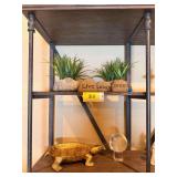 Lot of Decorative Shelf Accents Including Faux Grass, Resin Stones, Turtle Dish, Glass Globe, and Blue Bird Figurine