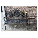 Black Metal Garden Bench with Decorative Insert Panels and Matching Side Table