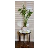Round Mirrored Accent Table with Metal Frame and Potted Plant