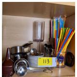 Kitchen Utensil and Bar Accessory Assortment including Measuring Cups, Funnels, Shakers, and Straws