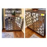 Pair of Modern Honeycomb Mirrored Wooden Accent Cabinet with Dual Doors