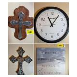Assorted Home Decor Lot including Skyscan Atomic Clock, Wall Crosses, and Quote Art