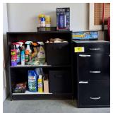 Black Metal Filing Cabinet and Wooden Storage Shelf Lot with Pest Control and Cleaning Supplies