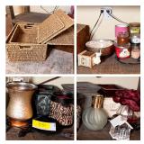 Lot of Home Fragrance Items Including Woven Storage Basket, Wax Warmers, and Assorted Scented Candles