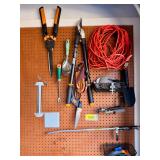 Pegboard Assortment of Yard Tools, Extension Cord, and Accessories