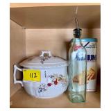 Ceramic Chamber Pot, Glass Cruet, and Nabisco Premium Saltine Crackers Tin