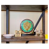 Religious Decor Assortment Including Stained Glass Dove Panel and Cross Figurines
