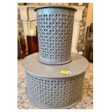Set of Two Gray Carved Wooden Drum Tables with Geometric Cutout Patterns