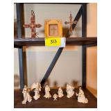 Religious Decor Lot Featuring Nativity Figurines and Decorative Crosses