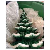 Ceramic Christmas Tree with Base and Plastic Bulbs in Storage Tote