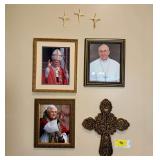 Religious Wall Decor Grouping with Pope Portraits, Cross, and Palm Crosses