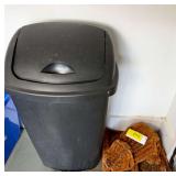 Black Plastic Swing-Top Trash Can and Coir Boot Scraper Mat