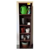 Dark Wood Laminate Bookcase with Assorted Planters and Watering Can