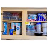 Assorted Kitchen Storage Containers, Food Wrap, Bags, and Cutlery