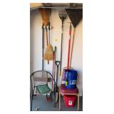 Assorted Yard and Garage Tools Lot with Brooms, Rakes, Shovels, and Buckets