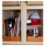 Kitchen Cabinet Assortment of Bakeware, Mixing Bowls, Cutting Boards, and Organizer Racks