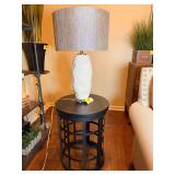 Round Metal and Wood Accent Table with Ceramic Table Lamp