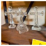 Set of Three Cut Glass Decorative Cross Sculptures on Stands