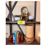 Assorted Home Decor Lot with Books, Glass Orb, Candle, and Succulents
