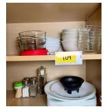 Kitchen Cabinet Assortment of Dishware, Bowls, and Spice Containers
