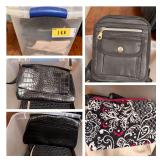 Lot of Assorted Handbags, Pouches, and Wallets in Storage Bin