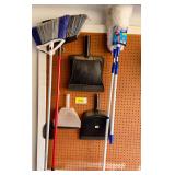 Assorted Cleaning Supplies Group including Brooms, Dustpans, and Duster