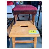 Lot of Two Wooden Step Stools Including One Upholstered Needlepoint Stool