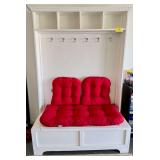 White Wooden Hall Tree Storage Bench with Red Cushions and Coat Hooks