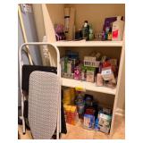 Lot of Household Cleaning Supplies, First Aid Items, Step Stools, and Ironing Board