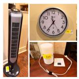 Lot of Three Items: Light Fixture Industries Rechargeable Table Lamp, Sharp Atomic Wall Clock, and Holmes Tower Fan
