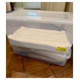 Lot of White Blankets and Textiles in Plastic Storage Totes