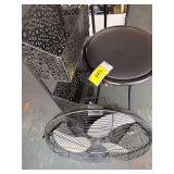Utilitech High-Velocity Fan, Black Metal Three-Tier Storage Rack, and Folding Stool