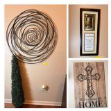 Three-Piece Wall Decor Lot Including Metal Spiral Art, Framed Home Blessing Print, and Wood Plaque with Metal Cross