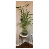 Round Marble Top Plant Stand with Black Metal Legs and Potted Bamboo