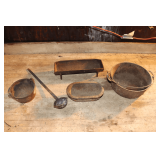 No. 8 Cast Iron Kettle with Handle, 6 Inch Cast Iron Smelting Pot, Cast Iron Ladle, 9 Inch Cast Iron Ham Boiler, and 13.5 Inch Cast Iron Feeding Trough