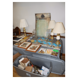 The Bible Story Books, (3) Desk Lamps, Children's Books, Glass Drink Dispenser, Door Knobs, and Misc.