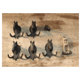 (5) Cast Iron Horse Hangers, Cast Iron Hanger, and Steel Flag Holder