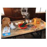 Plastic Food Scoops, Beer Brand Coasters, (3) Hesston NFR Belt Buckles, Canister Christmas Tree Stand, Slice-O-Matic, Cirkul Water Bottle, and Misc.